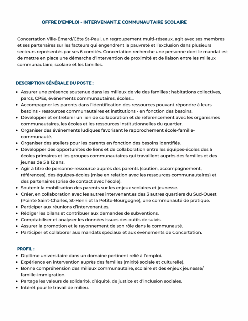 Offre d'emploi Intervenant communautaire scolaire