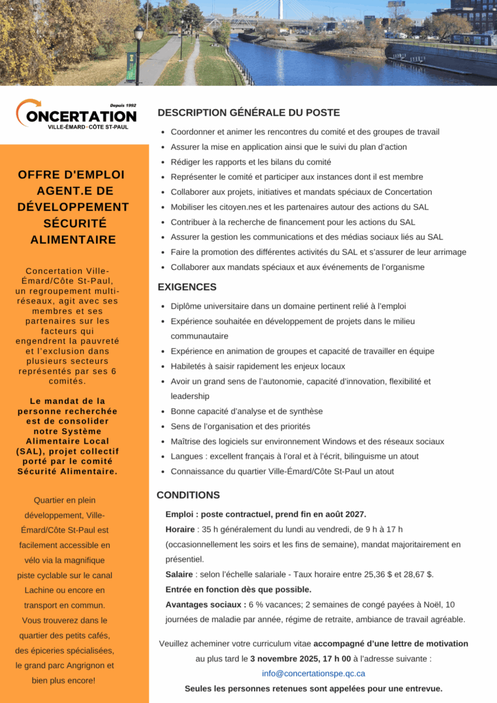 Offre d'emploi Agent ou agente de développement en sécurité alimentaire